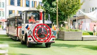 The Citytrain runs through the pedestrian zone in Vaduz